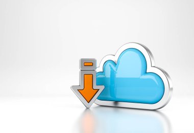 Beyaz arkaplanda indirme simgesi olan İnternet Bilgisayar Sembolü kavramı. 3B görüntüleme.