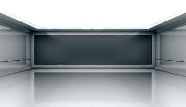 Siyah ekranlı çağdaş fütüristik kavram arka planı. Boş, karanlık, karanlık, aydınlık bir oda. 3B Hazırlama.