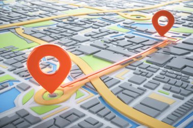 3D şehir haritası ve navigatör pimi. Navigasyon, konum rotası, seyahat ve turizm planlama konsepti. 3B illüstrasyon.