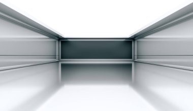 Siyah ekranlı çağdaş fütüristik kavram arka planı. Boş, karanlık, karanlık, aydınlık bir oda. 3B Hazırlama.