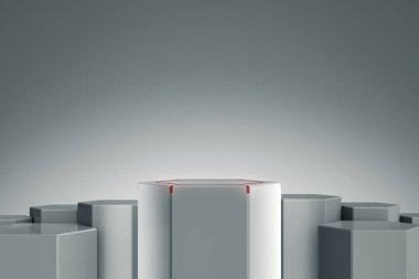 Zarif Blank ürün standı ışık ve ışıltıyla. Altıgen dizayn platformu. Göstermek için kaldırım taşı. Gelecekçi kavram geçmişi. 3B görüntüleme