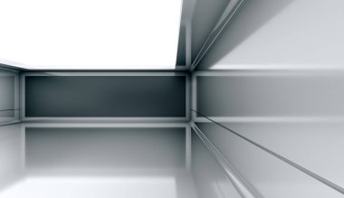 Siyah ekranlı çağdaş fütüristik kavram arka planı. Boş, karanlık, karanlık, aydınlık bir oda. 3B Hazırlama.