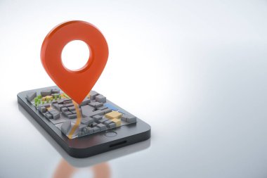 Navigator haritalı ve işaretli akıllı telefon. Navigasyon, konum rotası, seyahat ve turizm planlama konsepti. 3B illüstrasyon.