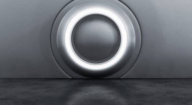 Beton zeminli gümüş metalik modern sergi elementinin soyut iç tasarımı. Boş Gelecek 3B Hazırlama Arkaplanı.