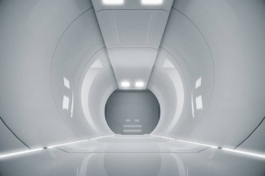 Soyut daire uzay gemisi koridoru. Işıklı geleceksel tünel. Geleceğin iç mimarisi, iş dünyası, bilim kurgu konsepti. 3d oluşturma