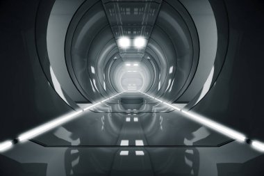 Soyut daire uzay gemisi koridoru. Işıklı geleceksel tünel. Geleceğin iç mimarisi, iş dünyası, bilim kurgu konsepti. 3d oluşturma