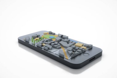 Navigatör haritalı akıllı telefon. Navigasyon, konum rotası, seyahat ve turizm planlama konsepti. 3B illüstrasyon.