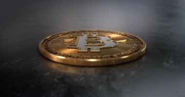 Kripto para birimi, bitcoin, BTC, madencilik, engelleme teknolojisi. Macro shot altın sikke. 3B illüstrasyon.