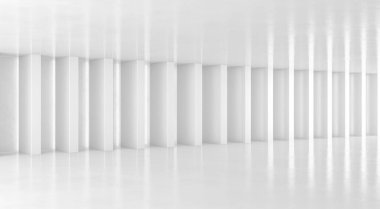 Soyut beyaz zemin ve sütunlu duvar arkaplanı. Modern sergi odası tasarımı. Fütürist iç görünüş. 3d Hazırlama.