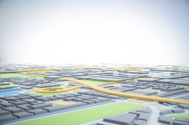 3D şehir haritası ve navigatör pimi. Navigasyon, konum rotası, seyahat ve turizm planlama konsepti. 3B illüstrasyon.