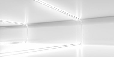 Parlak ışık ve yansıması olan gelecekteki boş uzay koridoru. Soyut arka plan bilim kurgu ya da bilim konsepti. 3B Hazırlama.