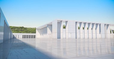Boş beton duvarın soyut arkaplanı ve zemin ağaçlarla kaplı, modern güneş ışığı ve mavi Gökyüzü Sahnesi, 3D görüntüleme.