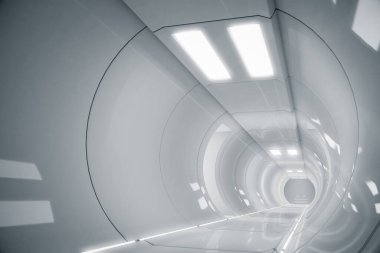 Soyut daire uzay gemisi koridoru. Işıklı geleceksel tünel. Geleceğin iç mimarisi, iş dünyası, bilim kurgu konsepti. 3d oluşturma