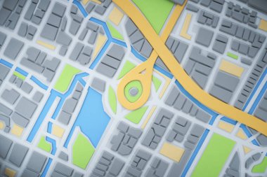 3D şehir haritası ve navigatör pimi. Navigasyon, konum rotası, seyahat ve turizm planlama konsepti. 3B illüstrasyon.
