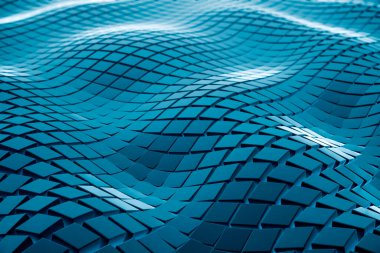 Soyut fütüristik dizi mavi bloklar ya da pürüzsüz dalga şekli arka planında küp. Geleceğin temiz konsepti. 3d görüntüleme.