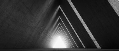 Boş Uzun Işık Koridoru. Modern beton arka plan. Geleceğin bilim kurgu üçgeni tüneli. 3B Hazırlama