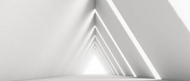 Boş Uzun Işık Koridoru. Modern beyaz arka plan. Geleceğin bilim kurgu üçgeni tüneli. 3B Hazırlama