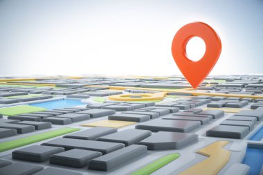 3D şehir haritası ve navigatör pimi. Navigasyon, konum rotası, seyahat ve turizm planlama konsepti. 3B illüstrasyon.