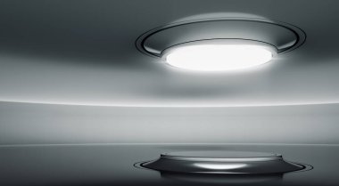 Soyut modern sergi salonu. Ürün sergisi için podyum. Eğimli sahne tasarımı fütüristik arka plan. 3d hazırlayıcı.