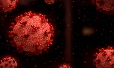 Grip virüsü hücreleri. Enfeksiyon mikroskobik görüntü Coronavirus COVID-19 'u kapatın. 3B illüstrasyon.