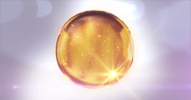 Parlak arka planda sarı renkli yağ damlası. Şeffaflık Sıvısı elementi. Cilt bakımı, güzellik, kozmetik, nemlendirici, otomobil, motor. 3B illüstrasyon