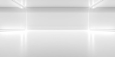 Parlak ışık ve yansıması olan gelecekteki boş uzay koridoru. Soyut arka plan bilim kurgu ya da bilim konsepti. 3B Hazırlama.