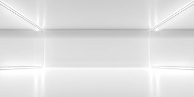 Parlak ışık ve yansıması olan gelecekteki boş uzay koridoru. Soyut arka plan bilim kurgu ya da bilim konsepti. 3B Hazırlama.