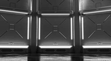 Işıklı geleceksel bir arkaplan. Modern Gelecek Teknolojisi soyut bilim kurgu iç konsepti. 3d Hazırlama.