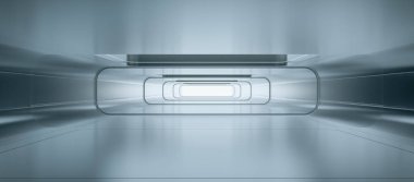 Uzay gemisi koridoru. Işıklı, iç manzaralı geleceksel bir tünel. Gelecek geçmişi, iş hayatı, bilim kurgu ya da bilim konsepti. 3d oluşturma.