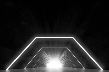 Soyut fütüristik karanlık koridor iç tasarımı. Işık arka planlı gelecek konsept tüneli. 3B görüntüleme.