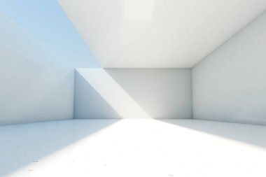 Açık tavan ve duvarlı soyut boş beton oda arkaplanı, 3D illüstrasyon.