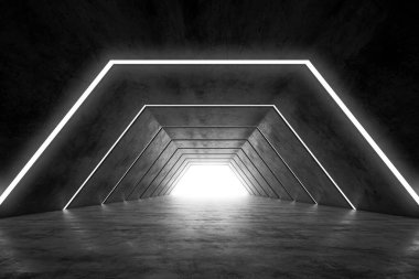 Soyut fütüristik karanlık koridor iç tasarımı. Işık arka planlı gelecek konsept tüneli. 3B görüntüleme.