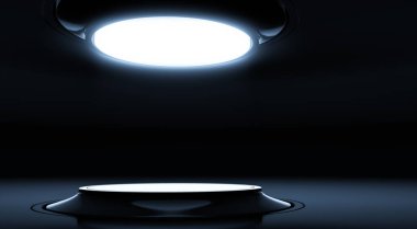 Soyut modern koyu renkli, zarif mavi iç mekan. Ürün sergisi için podyum. Eğimli sahne tasarımı fütüristik arka plan. 3d hazırlayıcı.