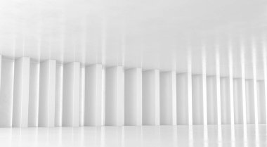 Soyut beyaz zemin ve sütunlu duvar arkaplanı. Modern sergi odası tasarımı. Fütürist iç görünüş. 3d Hazırlama.