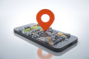 Navigator haritalı ve işaretli akıllı telefon. Navigasyon, konum rotası, seyahat ve turizm planlama konsepti. 3B illüstrasyon.