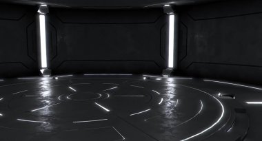 Boş sahneli fütüristik iç mekan. Modern Gelecek geçmişi. Teknoloji bilim kurgu hi-fi konsepti. 3d oluşturma