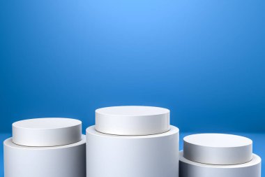 Yuvarlak ürün ekran podyumu. Mavi arka planda en az beyaz geometrik şekil sahnesi. 3d oluşturma.