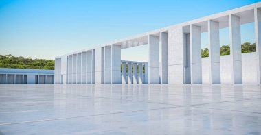 Boş beton duvarın soyut arkaplanı ve zemin ağaçlarla kaplı, modern güneş ışığı ve mavi Gökyüzü Sahnesi, 3D görüntüleme.