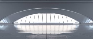 Fütürist eğri tüneli. Uzun koridor manzarası. Gelecekteki modern arka plan konsepti. Soyut iç tasarım. 3B görüntüleme.