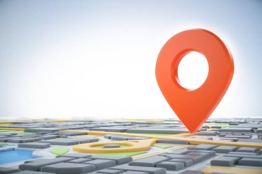 3D şehir haritası ve navigatör pimi. Navigasyon, konum rotası, seyahat ve turizm planlama konsepti. 3B illüstrasyon.