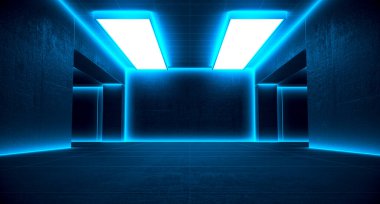 Fütürist soyut arka plan. Koyu mavi ve mor ışıkları olan neon ışıklı bir tünel. 3d illüstrasyon