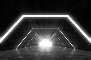 Soyut fütüristik karanlık koridor iç tasarımı. Işık arka planlı gelecek konsept tüneli. 3B görüntüleme.