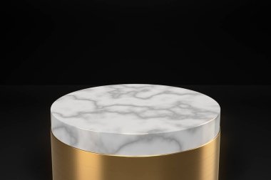 Minimum beyaz mermer silindir daire şeklindeki kaide podyumu. Yuvarlak altın sahne platformu siyah arka planda. Lüks, basit, temiz tasarım. 3d oluşturma.