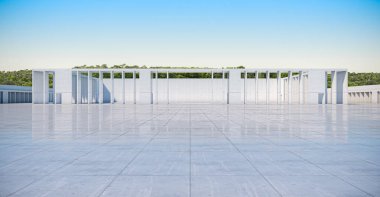 Boş beton duvarın soyut arkaplanı ve zemin ağaçlarla kaplı, modern güneş ışığı ve mavi Gökyüzü Sahnesi, 3D görüntüleme.