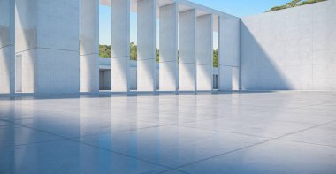 Boş beton duvarın soyut arkaplanı ve zemin ağaçlarla kaplı, modern güneş ışığı ve mavi Gökyüzü Sahnesi, 3D görüntüleme.