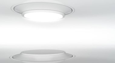 Soyut modern beyaz iç mekan. Ürün sergisi için podyum. Eğimli sahne tasarımı fütüristik arka plan. 3d hazırlayıcı.