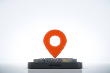 Navigator haritalı ve işaretli akıllı telefon. Navigasyon, konum rotası, seyahat ve turizm planlama konsepti. 3B illüstrasyon.