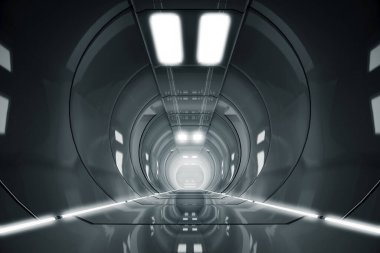 Soyut daire uzay gemisi koridoru. Işıklı geleceksel tünel. Geleceğin iç mimarisi, iş dünyası, bilim kurgu konsepti. 3d oluşturma