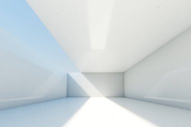 Açık tavan ve duvarlı soyut boş beton oda arkaplanı, 3D illüstrasyon.