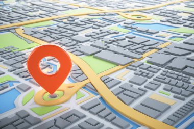 3D şehir haritası ve navigatör pimi. Navigasyon, konum rotası, seyahat ve turizm planlama konsepti. 3B illüstrasyon.